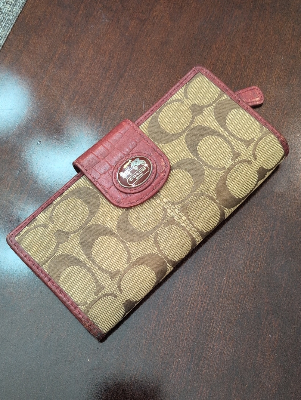 Coach Signature Continental Wallet in Brown and Red Trim